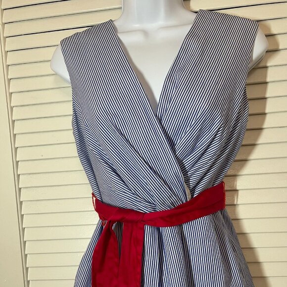 Chetta B Nautical Pinstripe Fit & Flare Dress Red Sash Size 6 - Picture 3 of 10
